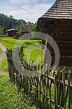 Wooden house in open air musem near Bardejovske kupele spa resort during summer