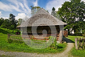 Wooden house in open air musem near Bardejovske kupele spa resort during summer