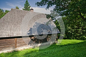 Wooden house  in open air museum near Bardejovske kupele spa resort during summer