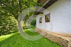 Wooden house  in open air museum near Bardejovske kupele spa resort during summer