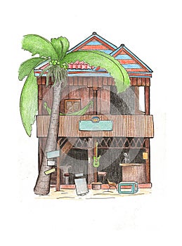 Wooden house and palm tree drawing. Cambodia travel sketch. Koh Rong tropical island colorful postcard.