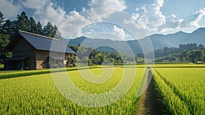 Wooden House in a Rice Paddy Field with Mountain Backdrop