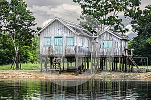 Wooden house on the river bank, Amazon River, Brazil. photo