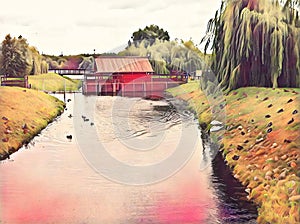 Wooden house on river romantic digital illustration. Countryside landscape with willow tree forest.