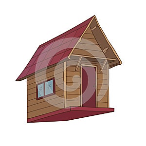 Wooden House with roof exterior vector illustration. Vintage. Home facade with doors and windows. Country house in