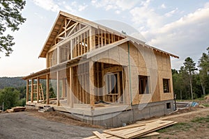Wooden house shell under construction