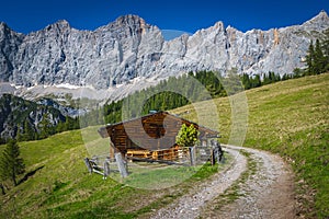 Wooden house on the slope, Ramsau am Dachstein, Austria