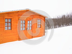 wooden house in the snow