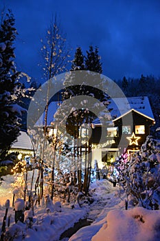 A wooden house in the snow, covered with Christmas lights