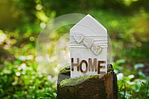 Wooden house stands on a tree stump in a green forest. Peace home, nature, eco or environmental protection concept.