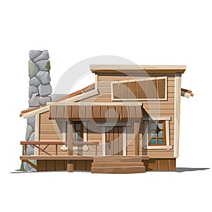 Wooden house with stone chimney in country style