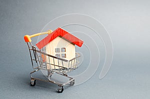 Wooden house in a Supermarket trolley. The concept of buying a house or apartment. Affordable housing. Profitable and cheap loans