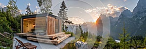 A wooden house surrounded by trees in a forest with mountains in the background