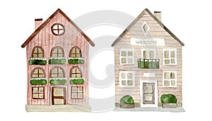 Wooden house watercolor isolated on white background
