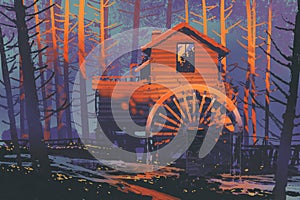 Wooden house with a waterwheel in forest at sunset