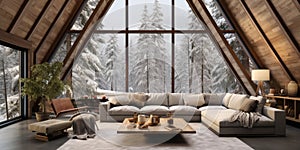 Wooden house in winter forest, Interior design of modern living room with vaulted ceiling
