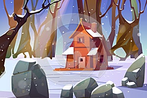 Wooden house in winter forest. Old shack in wood