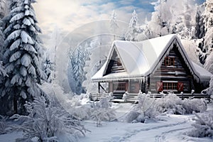 Wooden house in winter forest with snow covered trees. Christmas landscape. A cozy log cabin nestled in a snowy forest with frost-