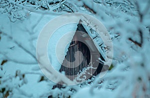 Wooden house in winter snow forest. Wooden house in snow fairy forest. Snow storm house.