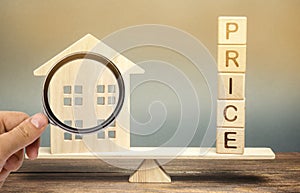 Wooden house and the word Price on the scales. Fair valuation property concept. Home appraisal. Fair trade and cost. Legal