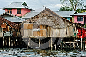 Wooden houses on lake Sentani, on New Guinea