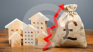 Wooden houses and a money bag with an up arrow. The concept of increasing the cost of housing. The growth of rent and mortgage