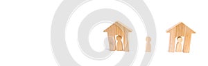 Wooden houses and people and a man between them on a white background. Neighbors. Relations between neighbors in the suburbs. A ho