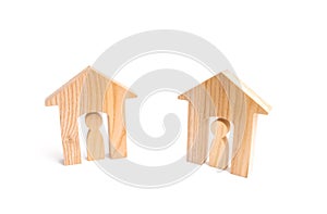 Wooden houses and people on a white background. Neighbors. Relations between neighbors in the suburbs, good-neighborliness and mut