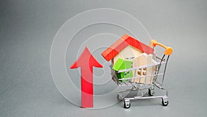Wooden houses in a shopping cart and red arrow up. The concept of increasing the cost of housing. High demand for real estate. The