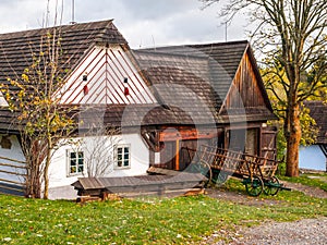 Wooden houses of Vesely Kopec folk museum. Czech rural architecture. Vysocina, Czech Republic