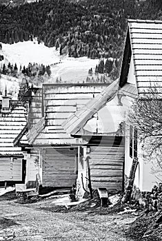 Wooden houses in Vlkolinec, Slovakia, colorless