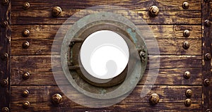 Wooden Hull with a Vintage Aged Brass Ship Porthole Mounted on a White Background. Generative AI