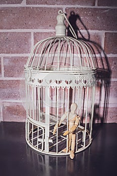 Wooden Human Manikin locked inside a white ornamental bird cage