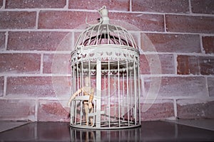 Wooden Human Manikin locked inside a white ornamental bird cage