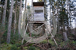 Wooden hunter lookout tower in the forest