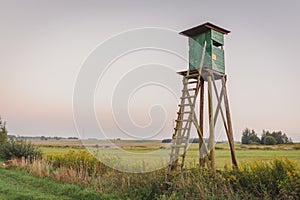 Wooden Hunting high tower. Hunters tower.