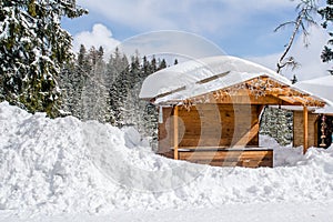 Wooden hut covered with a lot of snow