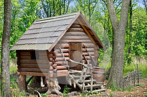 Wooden hut in the forest, house of witch Baba Yaga