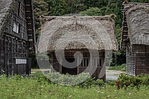 Wooden hut in the historic village of Shirakawa-go and Gokayama in Japan, surrounded by grass