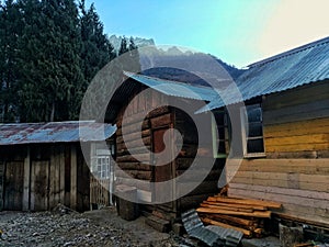 A wooden hut in Lachung , North Sikkim during early sunrise