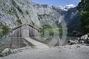 Wooden hut at lake Obersee in Bavaria, Germany
