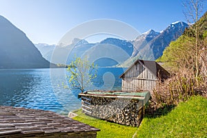 Wooden hut at a lake, Salzkammergut, Austria