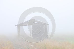 wooden hut in the middle of paddy field on foggy and misty morning