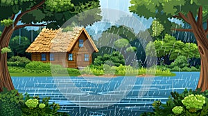 Wooden hut on pond shore surrounded by trees and shrubs in rainy weather. Modern illustration of wooden cottage on tilts