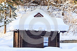 Wooden hut in the snow. Belokurikha, Altai
