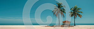 A wooden hut stands on a sandy beach with two tall palm trees. The ocean can be seen in the background