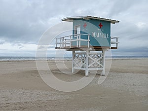 Wooden hut on stilts of the lifeguards on the beach of deauville in france