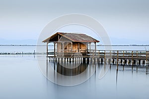 Wooden hut at sunset