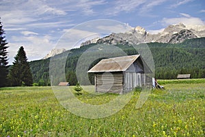 Wooden hut in Valgrande, Comelico, in the Dolomites.