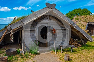 Wooden huts at Foteviken viking museum in Sweden